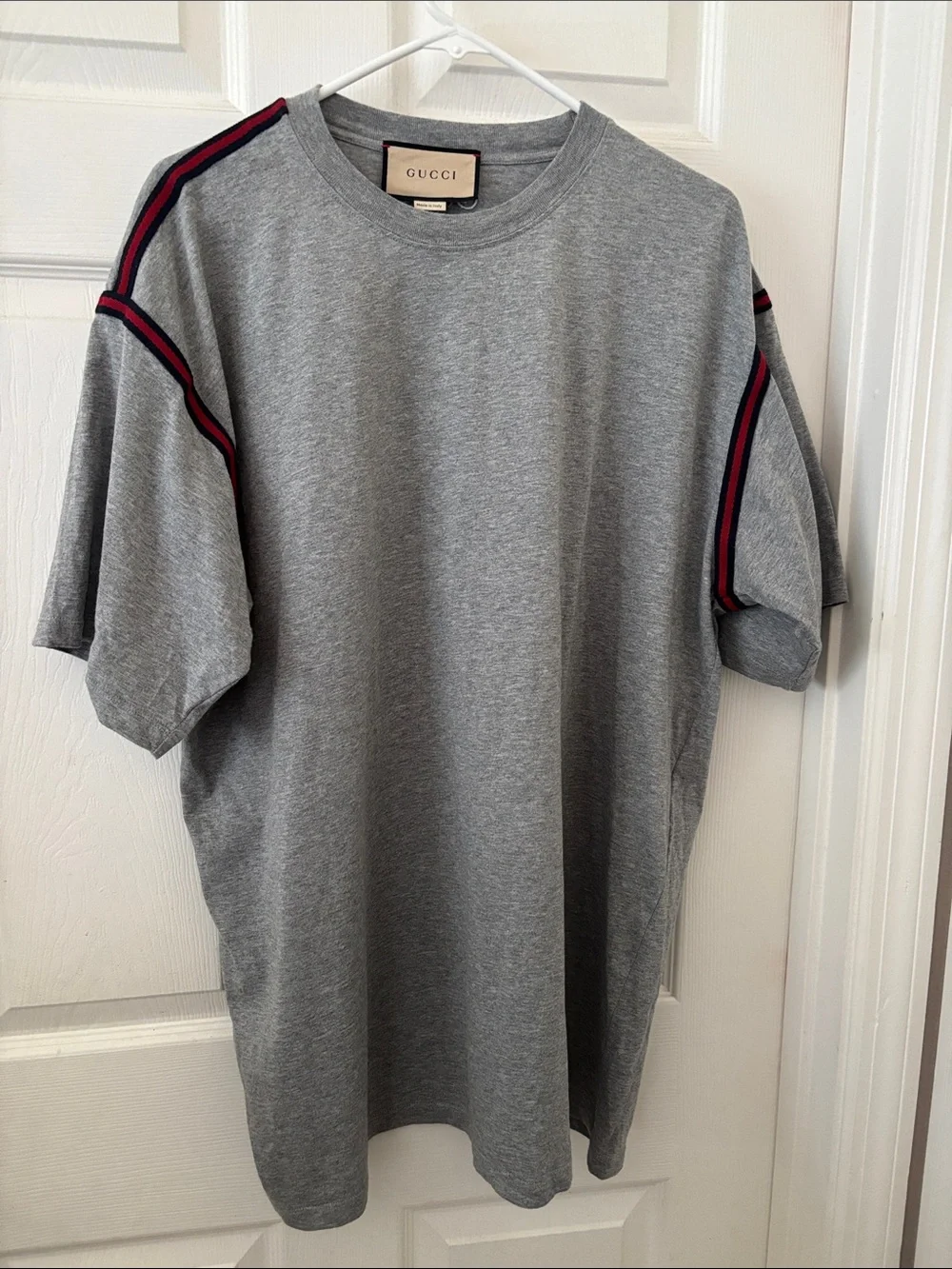 Gucci Gray Short Sleeve Tee with Red and Navy Shoulder Stripes